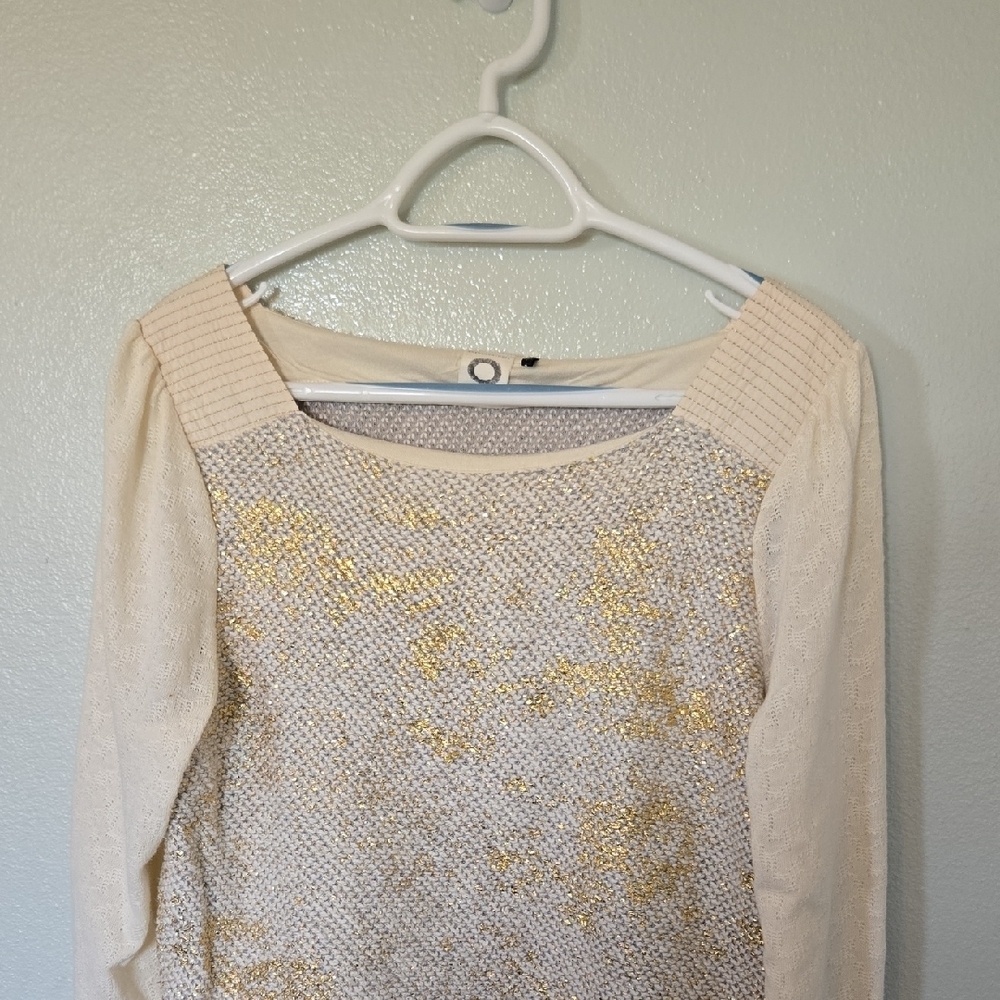 Akemi + Kim Anthropologie | Gold Foil-Printed Pointelle Knit Top Size Large
